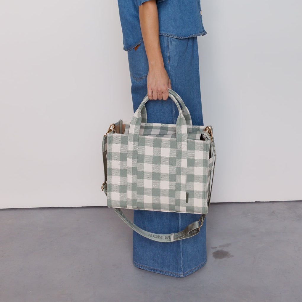 Small Structured Tote Bag in coated canvas - Sage Gingham