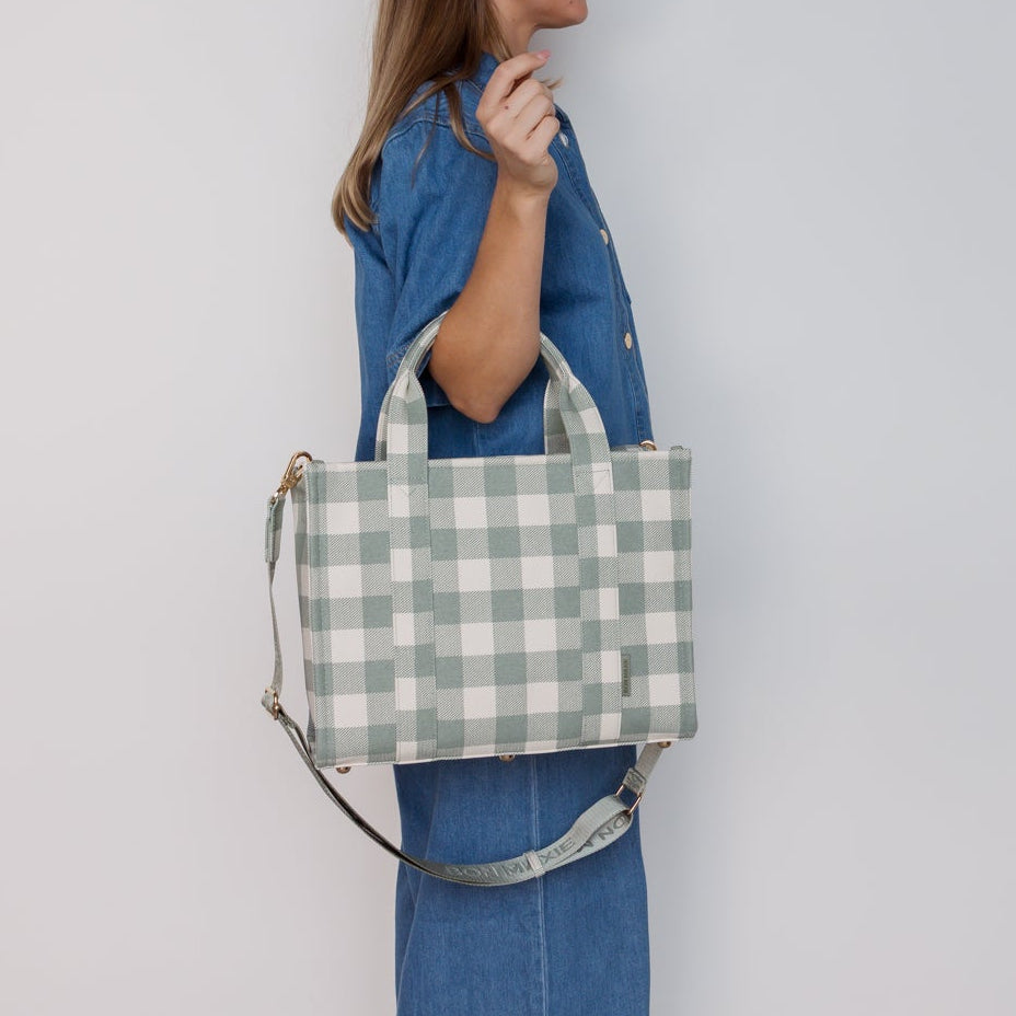 Small Structured Tote Bag in coated canvas - Sage Gingham