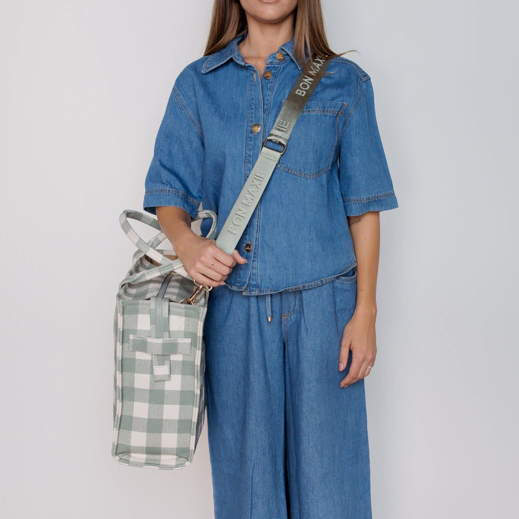 Large Structured Tote Bag in signature coated canvas -- Sage Gingham
