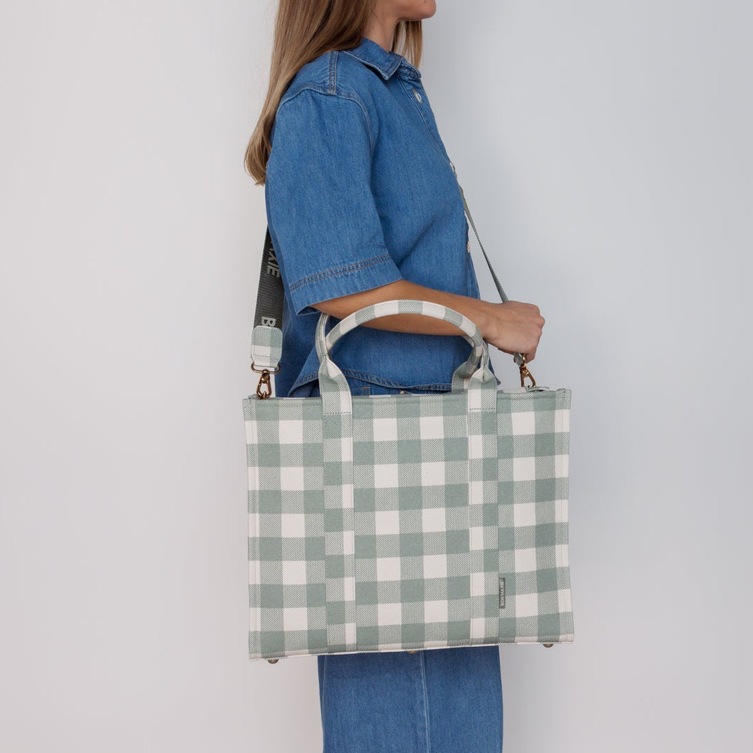 Large Structured Tote Bag in signature coated canvas -- Sage Gingham