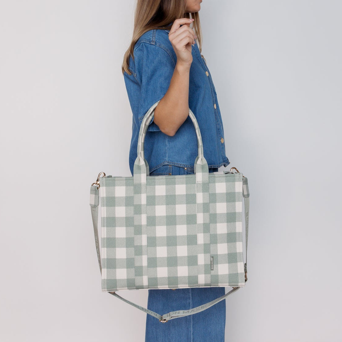 Large Structured Tote Bag in signature coated canvas -- Sage Gingham