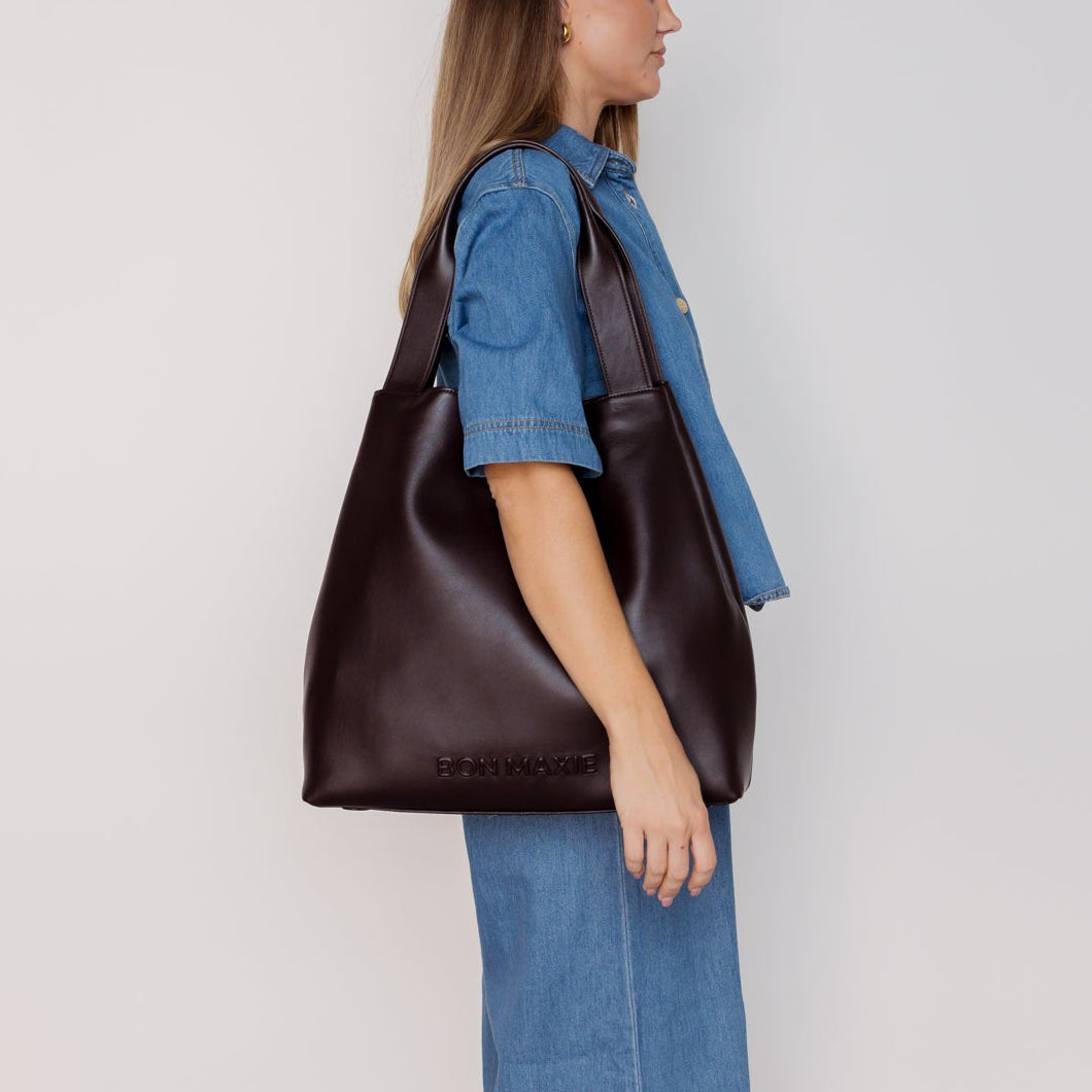 Slouchy Hobo Tote Bag in smooth nappa leather - Dark Chocolate