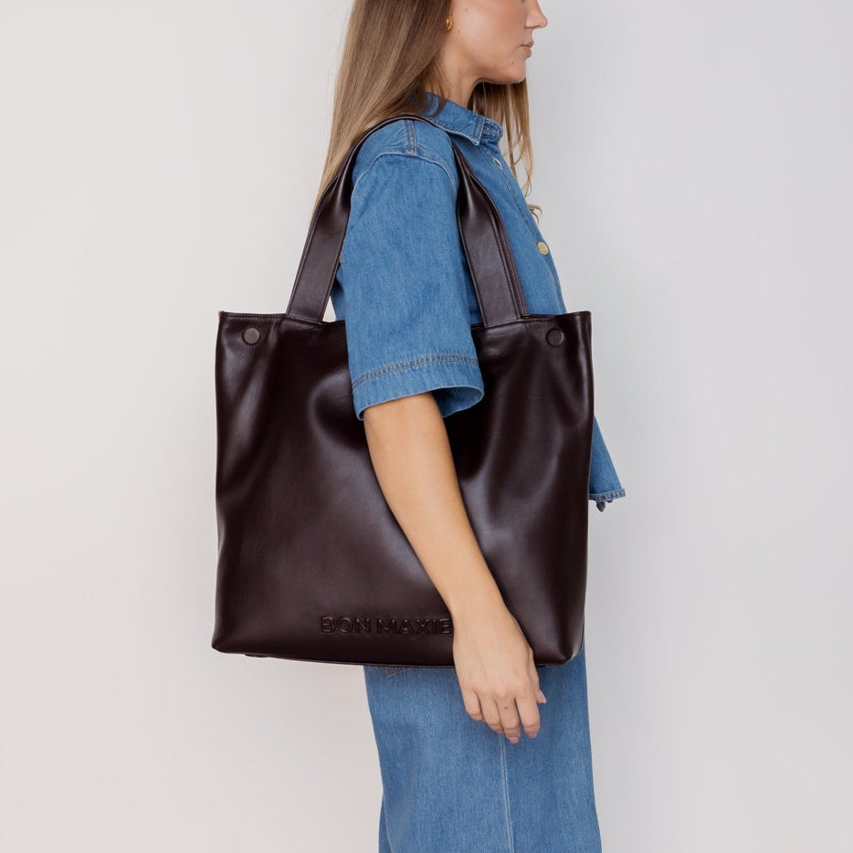Slouchy Hobo Tote Bag in smooth nappa leather - Dark Chocolate