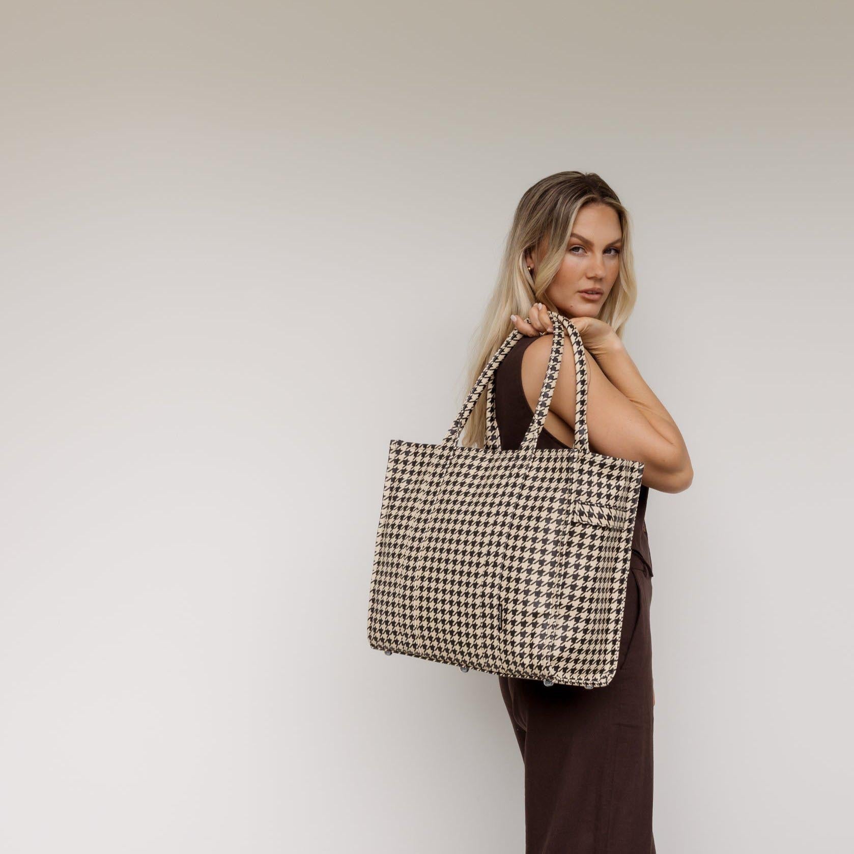 Large Bon Vivant Structured Tote Bag -- Black Houndstooth
