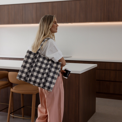 Large Bon Vivant Structured Tote Bag -- Black Gingham