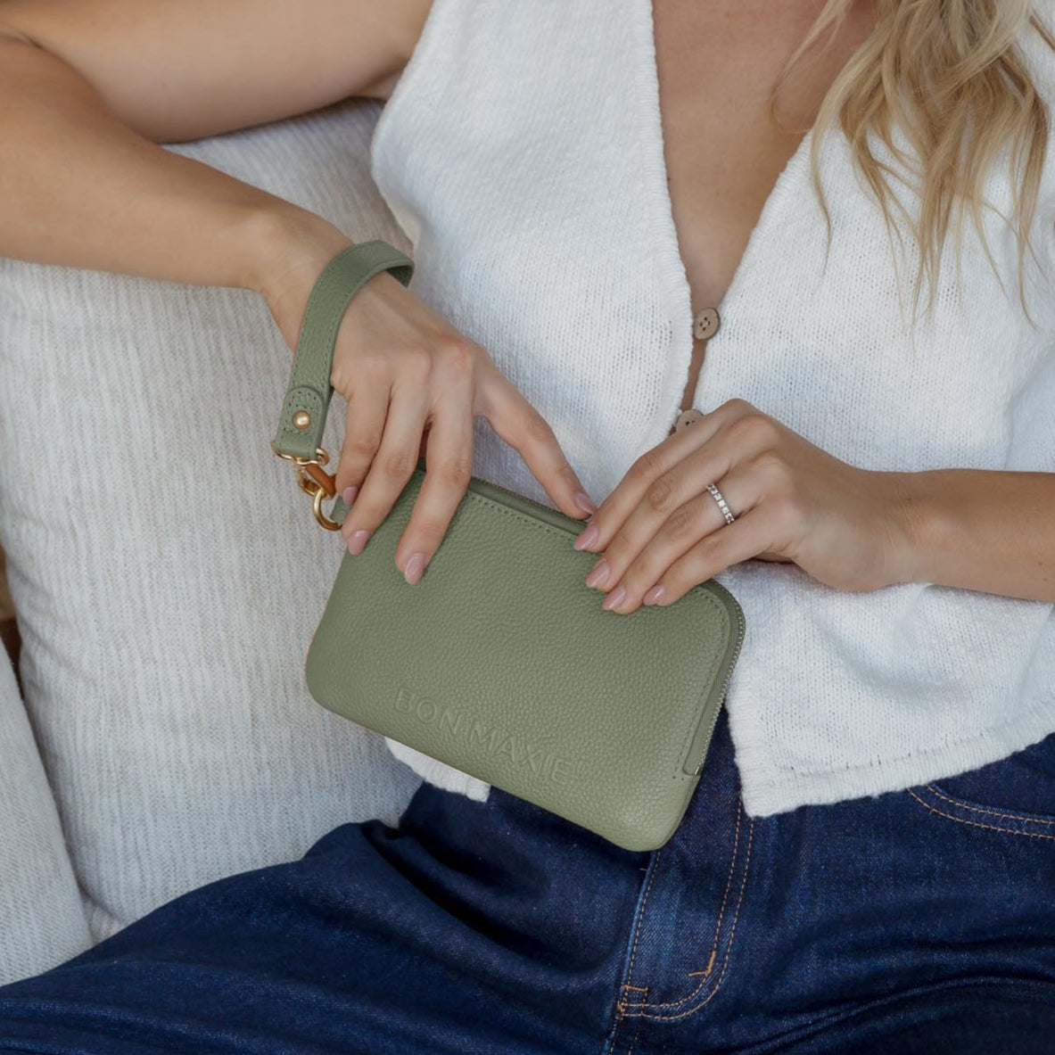 Leather Phone Wallet Pouch -- Sage