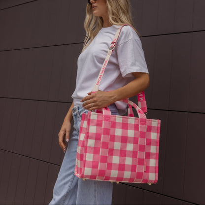Small Structured Tote Bag in signature coated canvas -- Neon Pink Gingham