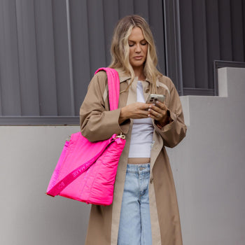 Everyday Tote Bag in washed technical nylon -- Neon Pink