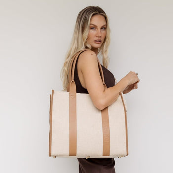 Large Bon Vivant Structured Tote Bag - Jute Canvas Tan Leather Tote Bag