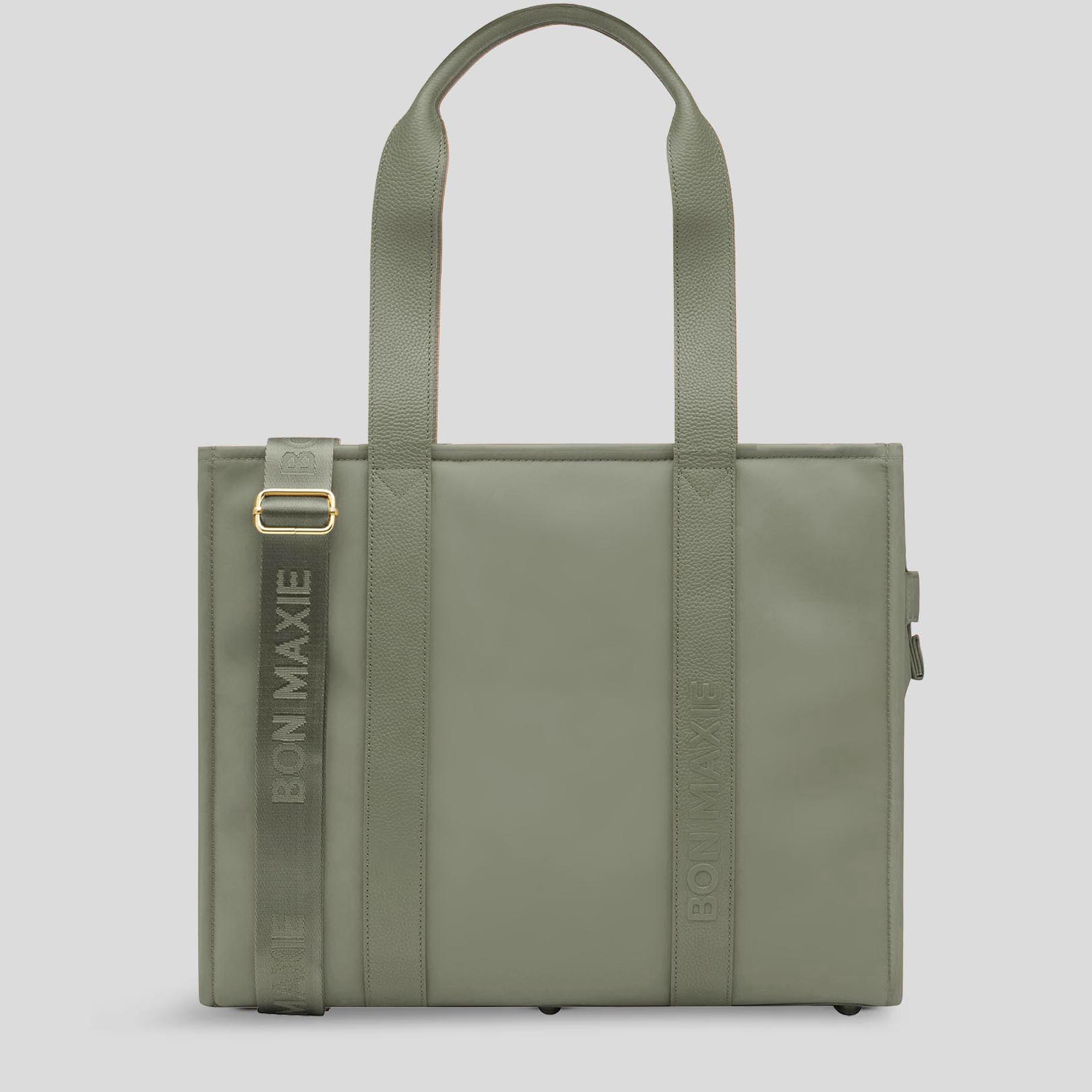 Large Structured Tote Bag in nylon with leather - Sage