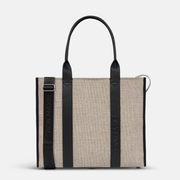 Large Structured Tote Bag in jute canvas with leather -- Black