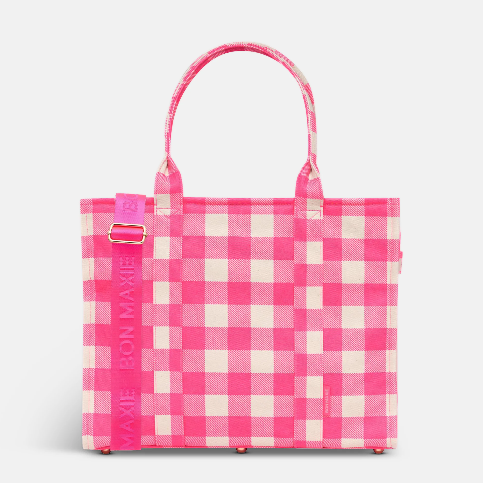 Large Structured Tote Bag in signature coated canvas -- Neon Pink Gingham