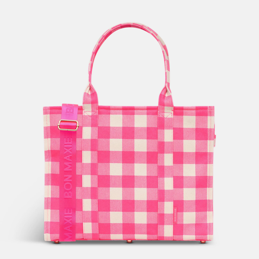 Large Structured Tote Bag in coated canvas - Neon Pink Gingham
