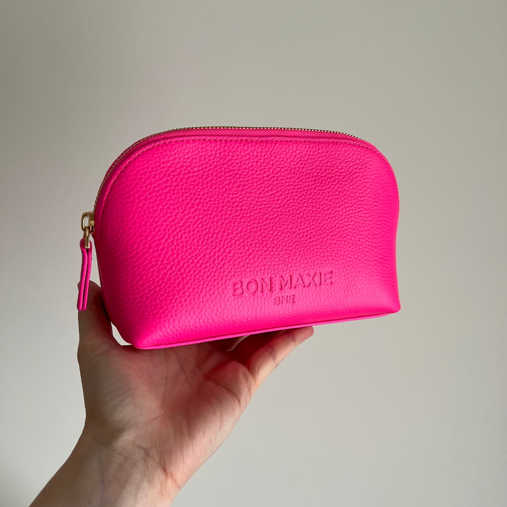 Rounded Leather Makeup Case - Neon Pink