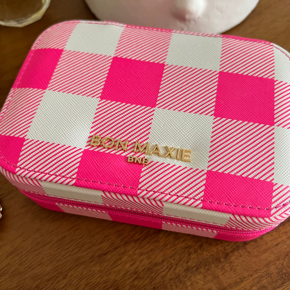 Travel Jewellery Box - Neon Pink Gingham Saffiano Leather