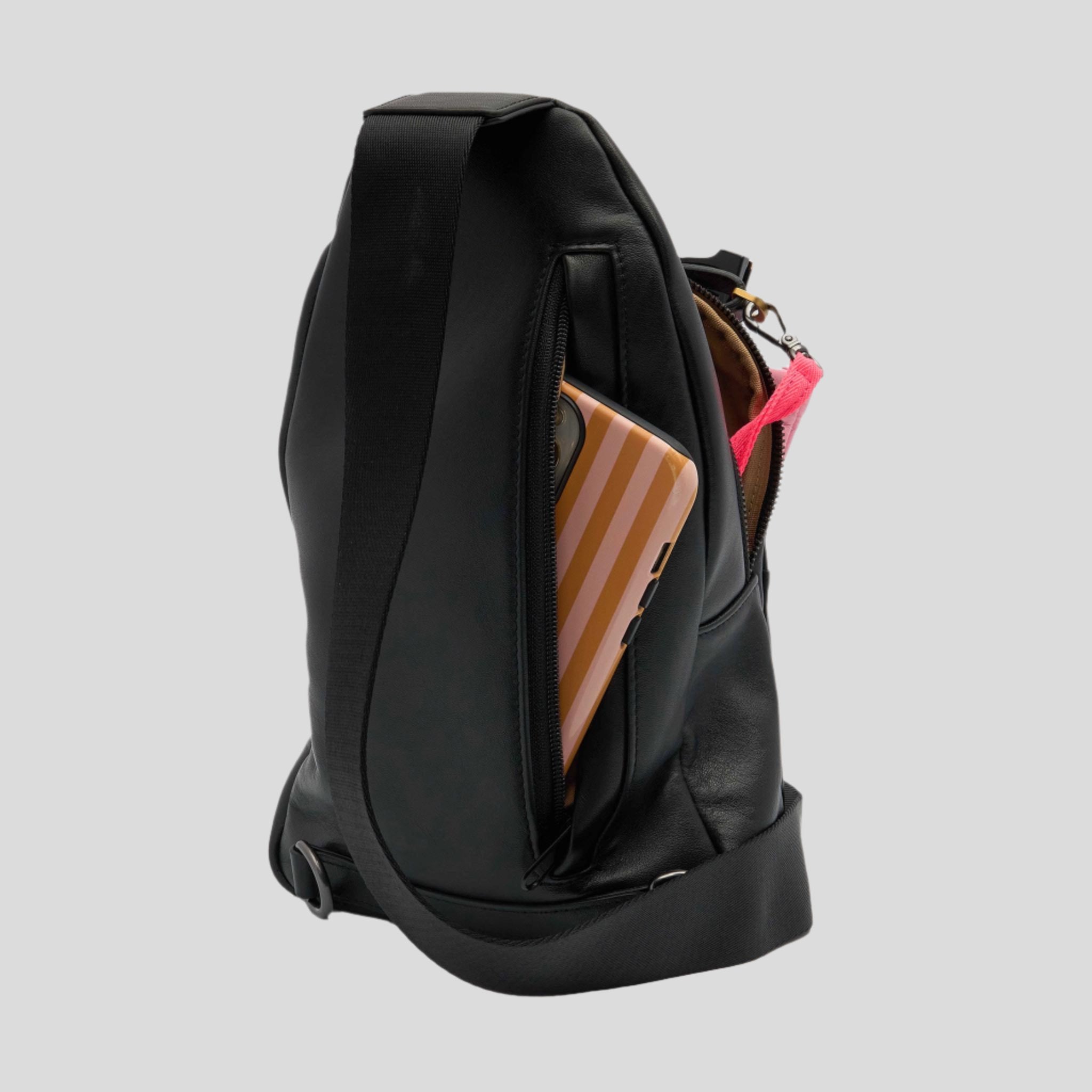Multiwear Leather Crossbody Sling Bag -- Black Bold Logo