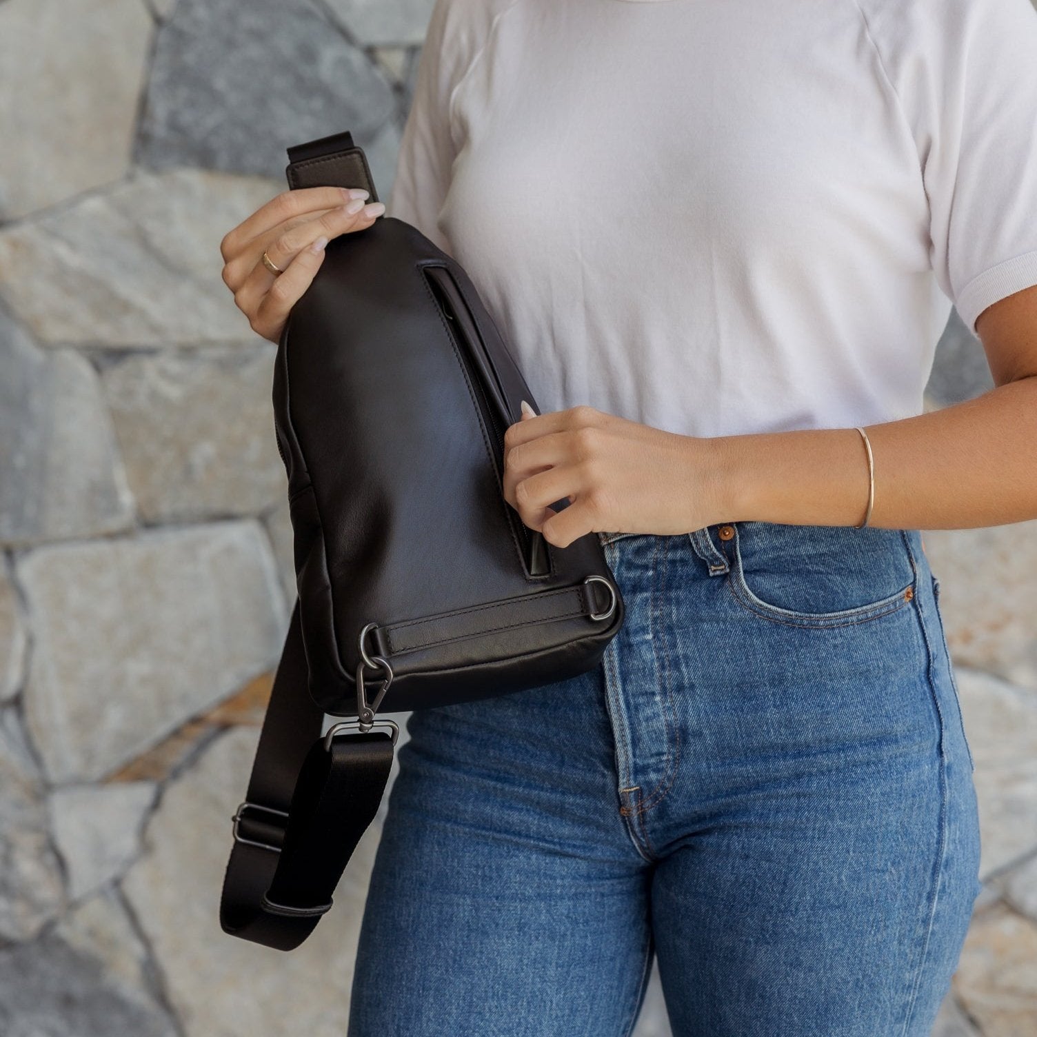 Multiwear Leather Crossbody Sling Bag -- Black Bold Logo
