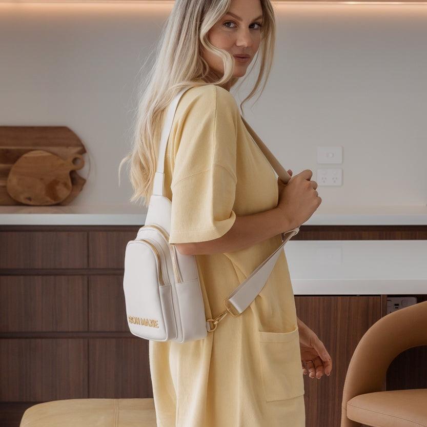 Multiwear Leather Crossbody Sling Bag -- Cream Bold Logo