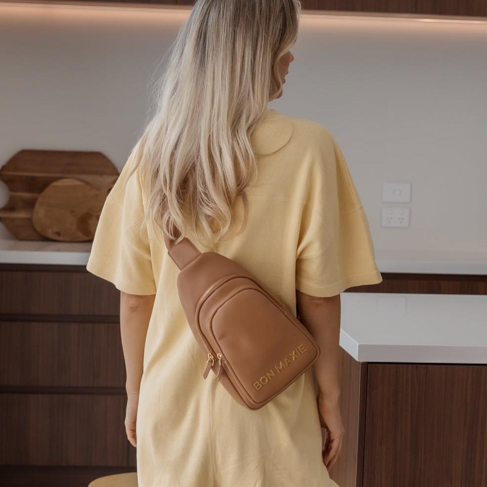 Multiwear Leather Crossbody Sling Bag -- Tan Bold Logo