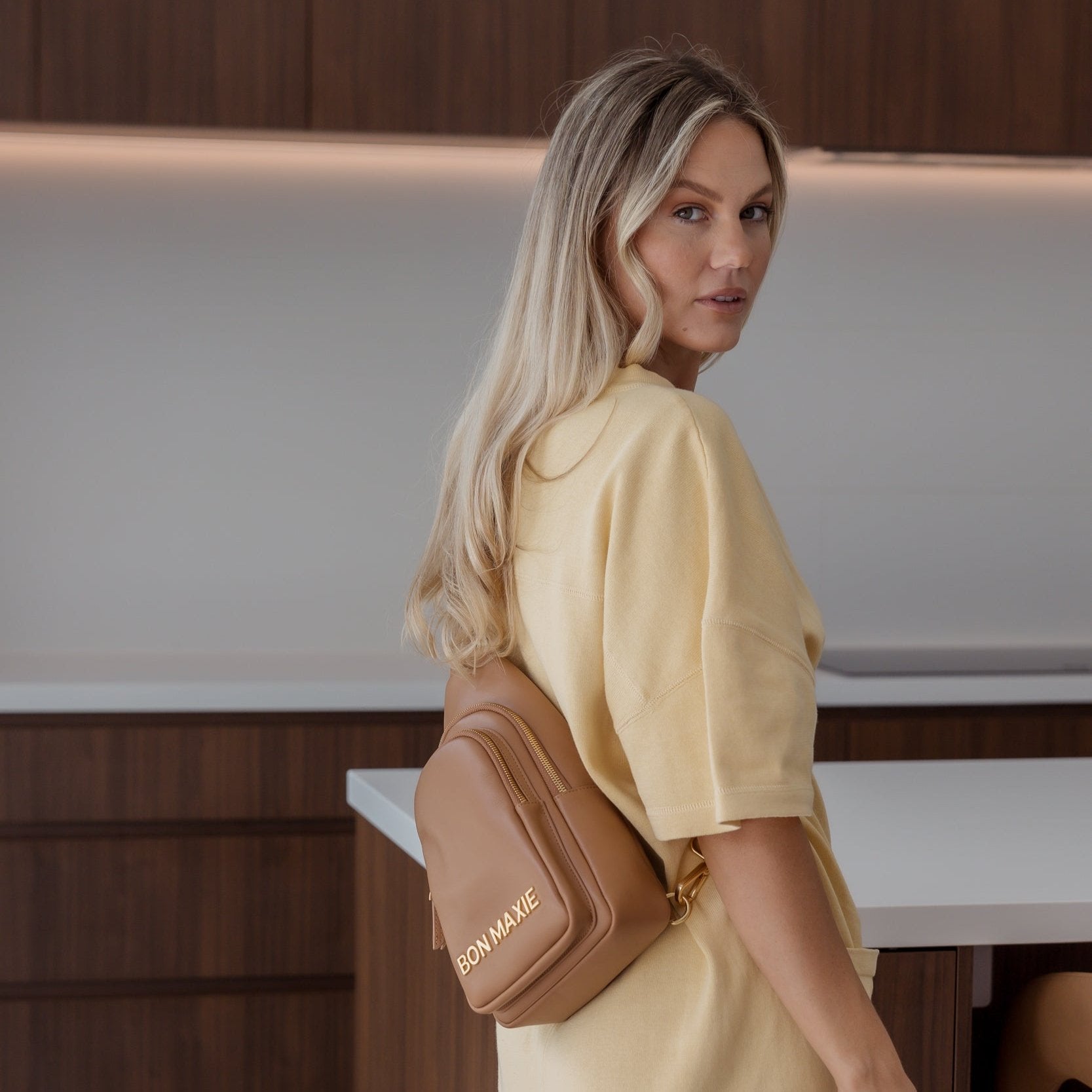 Multiwear Leather Crossbody Sling Bag -- Tan Bold Logo