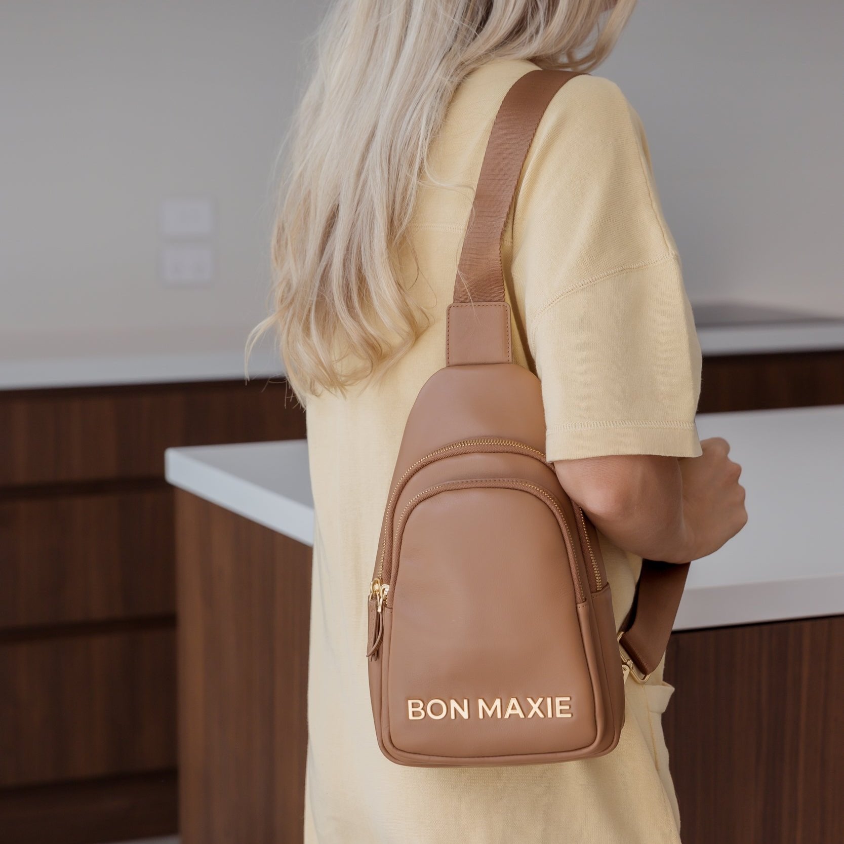 Multiwear Leather Crossbody Sling Bag -- Tan Bold Logo