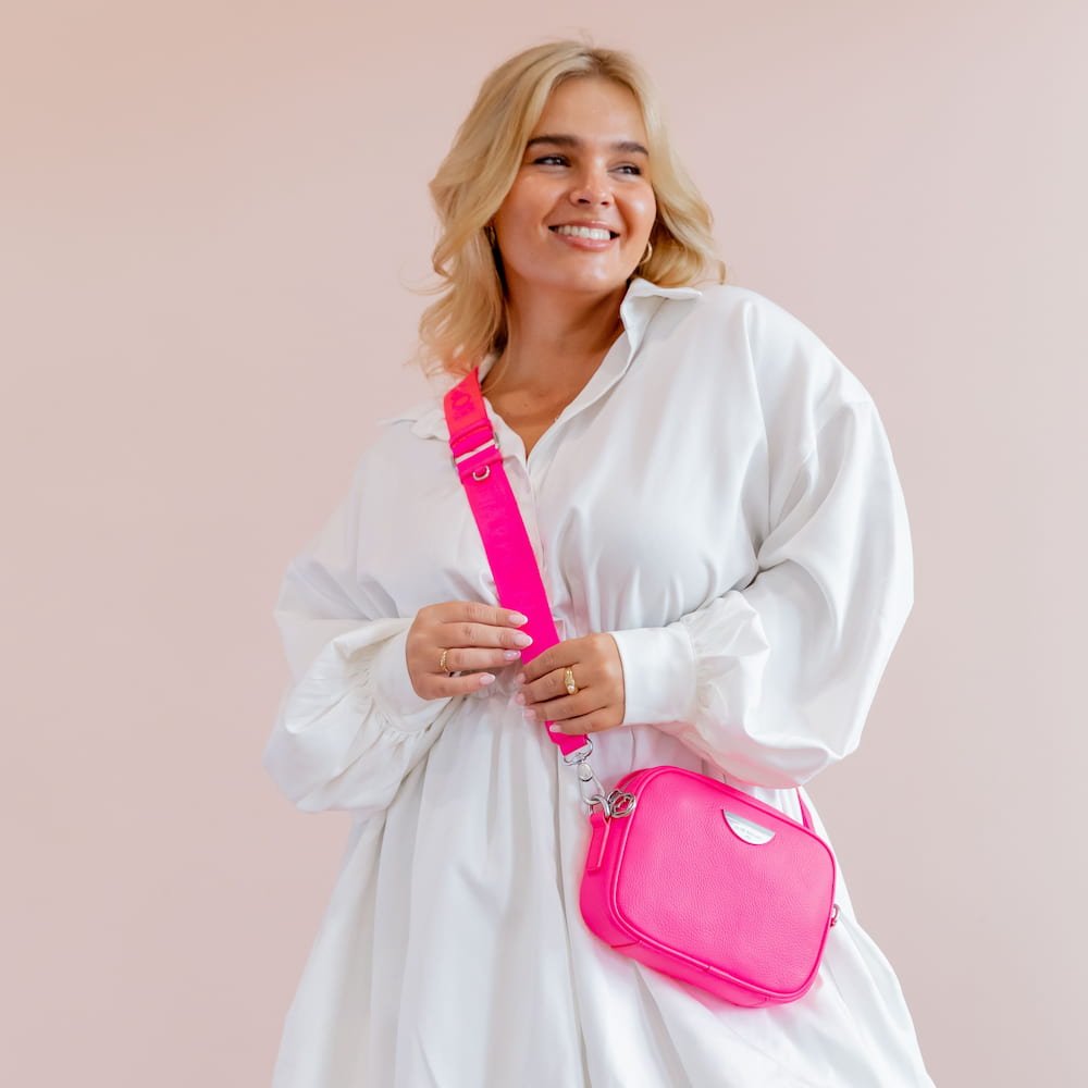 Logo Bag Strap - Neon Pink Bag Straps Brushed Gunmetal