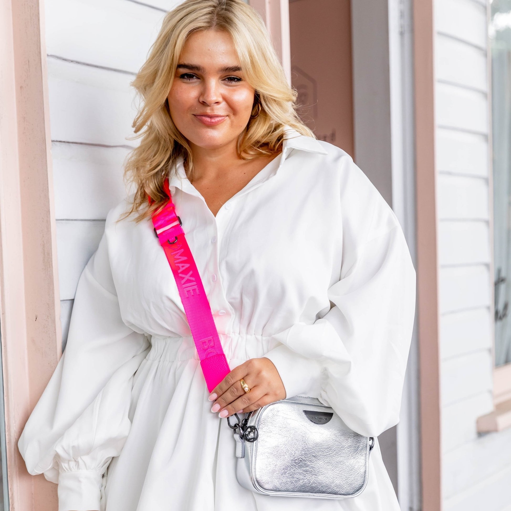 Logo Bag Strap - Neon Pink Bag Straps Brushed Gunmetal
