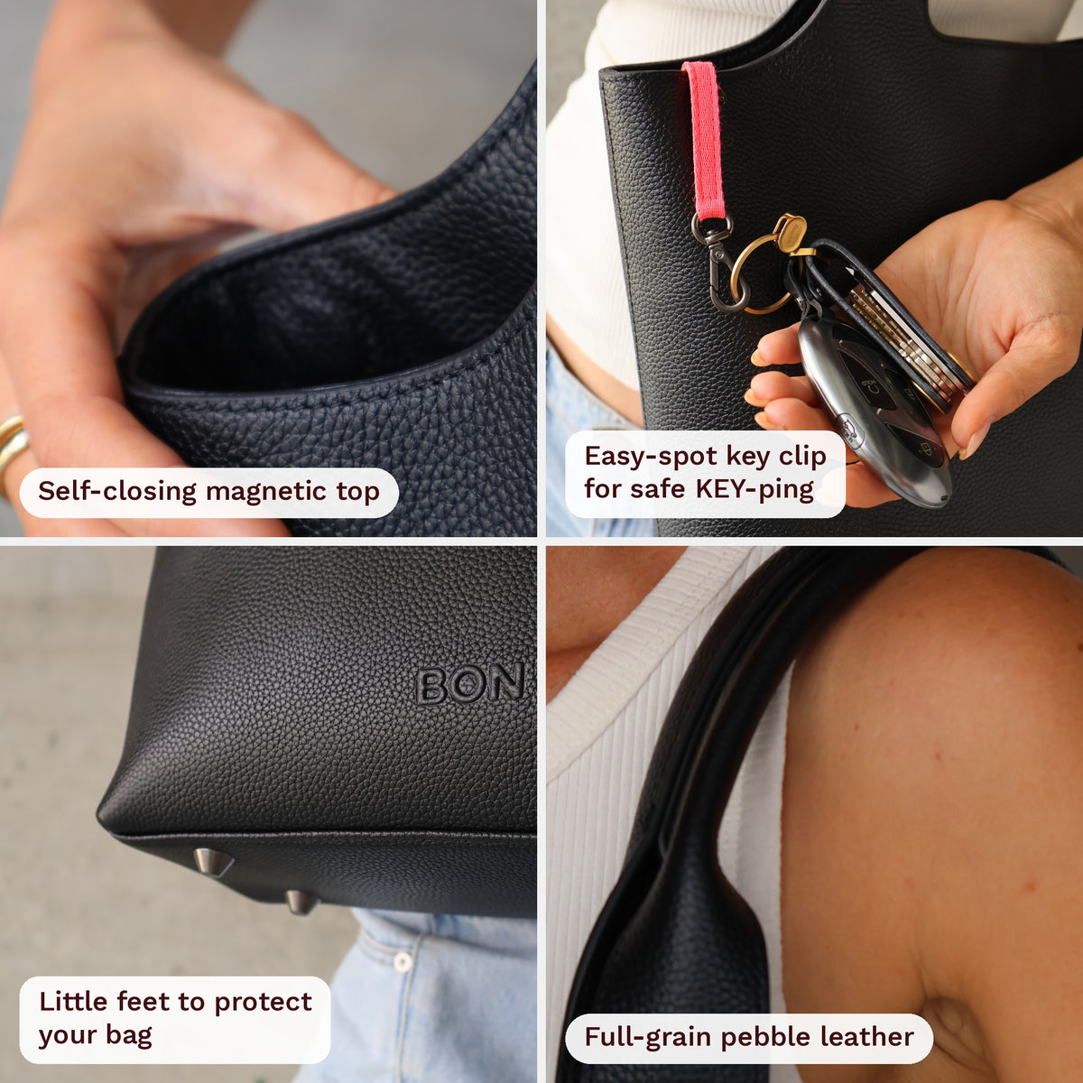 Maven Tote in Black Pebble Leather close-up features: self-closing magnetic top, easy-spot key clip, little feet on the base, full-grain pebble leather