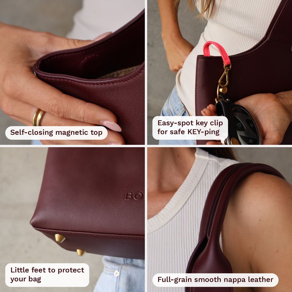 Maven Tote in Burgundy Nappa Leather close-up features: self-closing magnetic top, easy-spot key clip, little feet on the base, full-grain smooth nappa leather