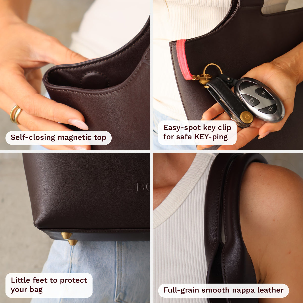 Maven Tote in Dark Chocolate Nappa Leather close-up features: self-closing magnetic top, easy-spot key clip, little feet on the base, full-grain smooth nappa leather