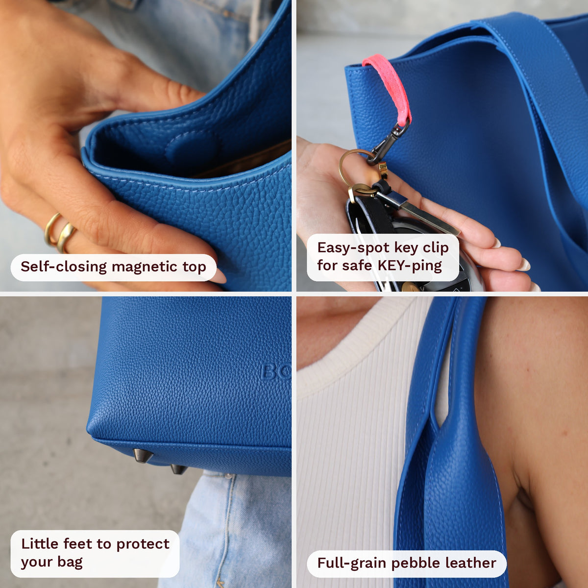 Maven Tote in Cobalt Blue Pebble Leather close-up features: self-closing magnetic top, easy-spot key clip, little feet on the base, full-grain pebble leather