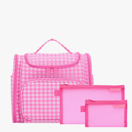 Mega Hanging Toiletry Bag + Day Pouch + Pouch Duo - Neon Pink Gingham