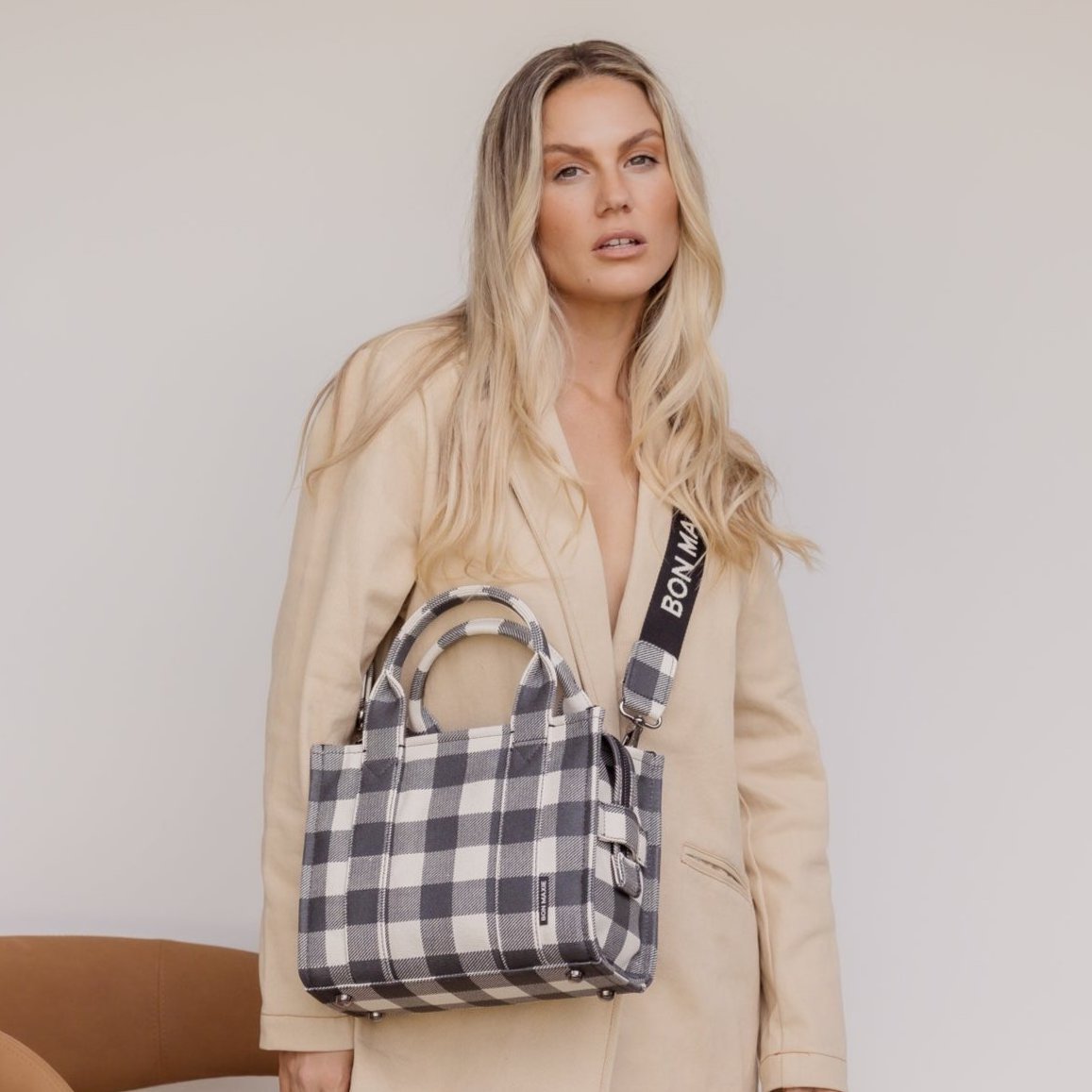 Micro Bon Vivant Structured Tote Bag - Black Gingham Tote Bag