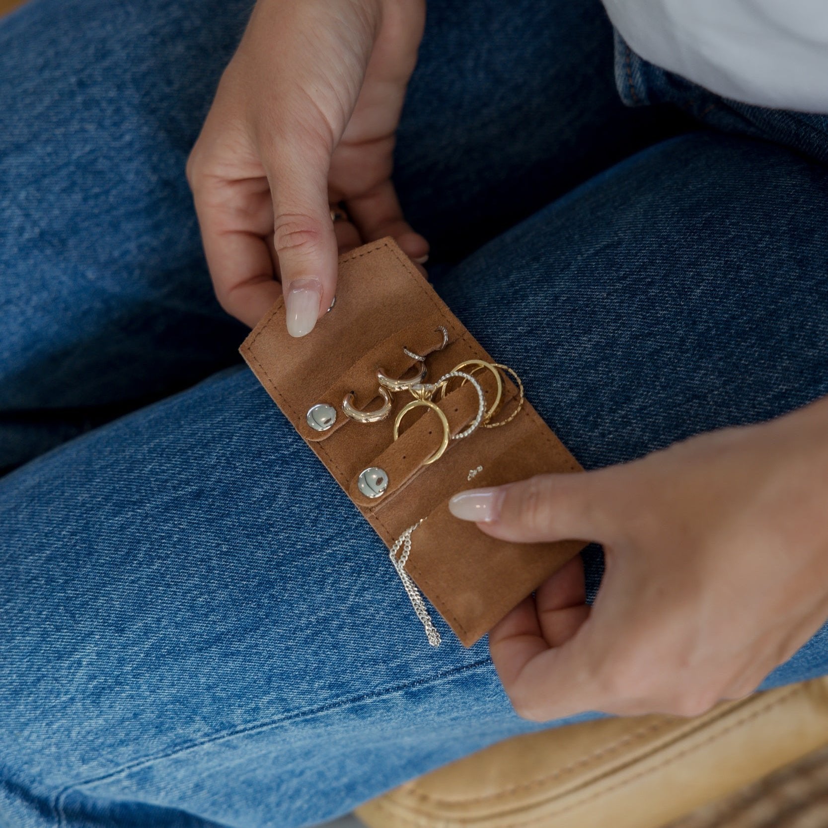 Mini Leather Jewellery Case -- Tan Suede