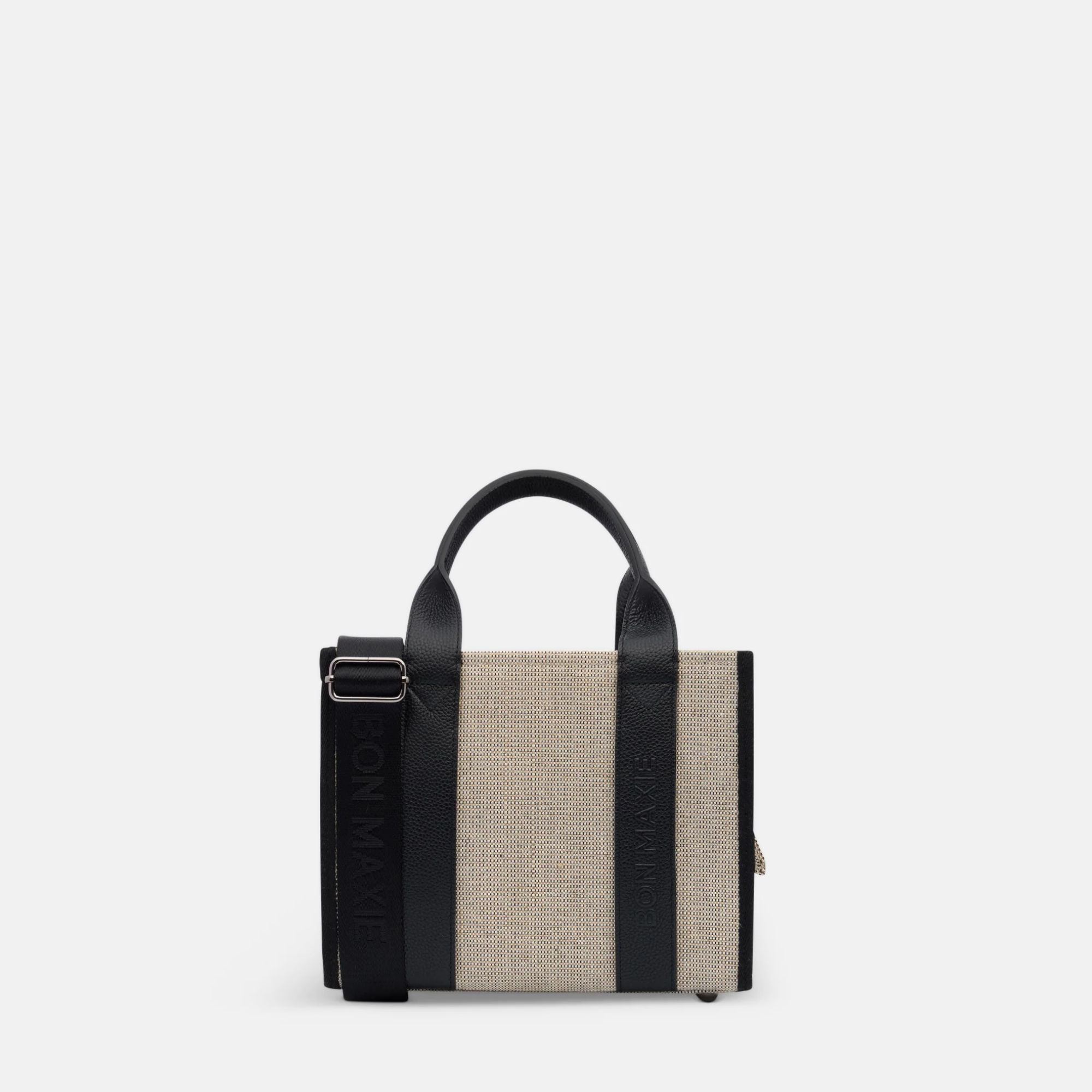 Micro Structured Tote Bag in jute canvas with leather - Black