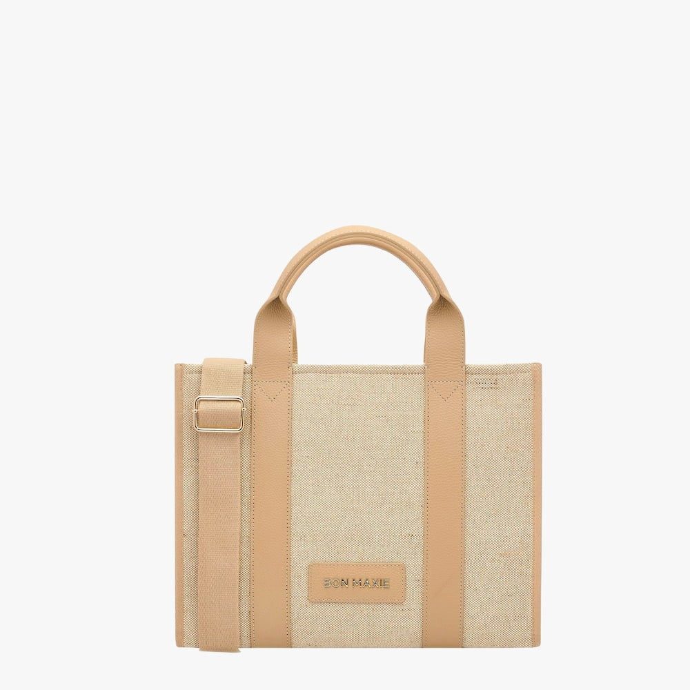 Mini Bon Vivant Tote Bag - Jute Canvas/Almond Leather front