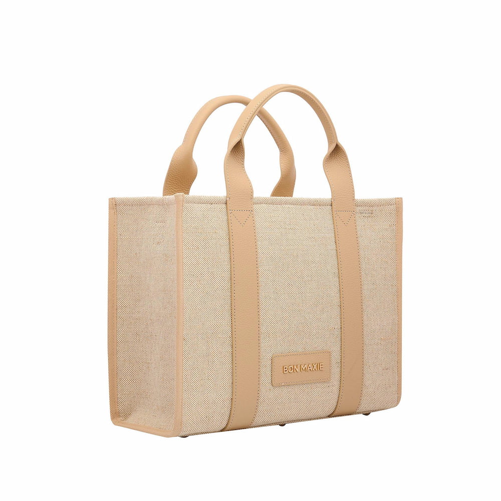 Mini Bon Vivant Tote Bag - Jute Canvas/Almond Leather side