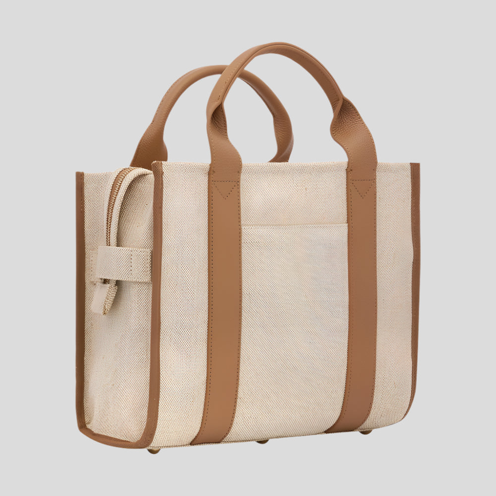 Mini Bon Vivant Structured Tote Bag - Jute Canvas Tan Leather Bags