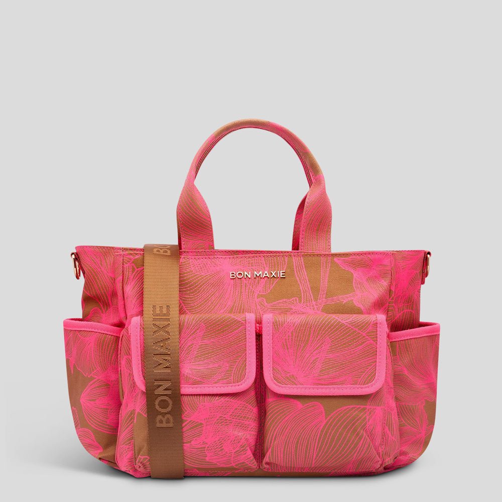 Multi - Pocket Nappy Bag - Neon Pink/Tan Floral Bags TAN / NEON PINK FLORAL