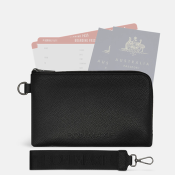 Multi-Pocket Travel Wallet - Black Pebbled Leather