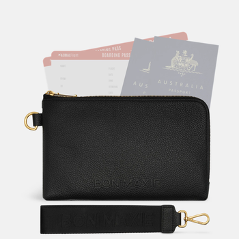 Multi-Pocket Travel Wallet - Black Pebbled Leather