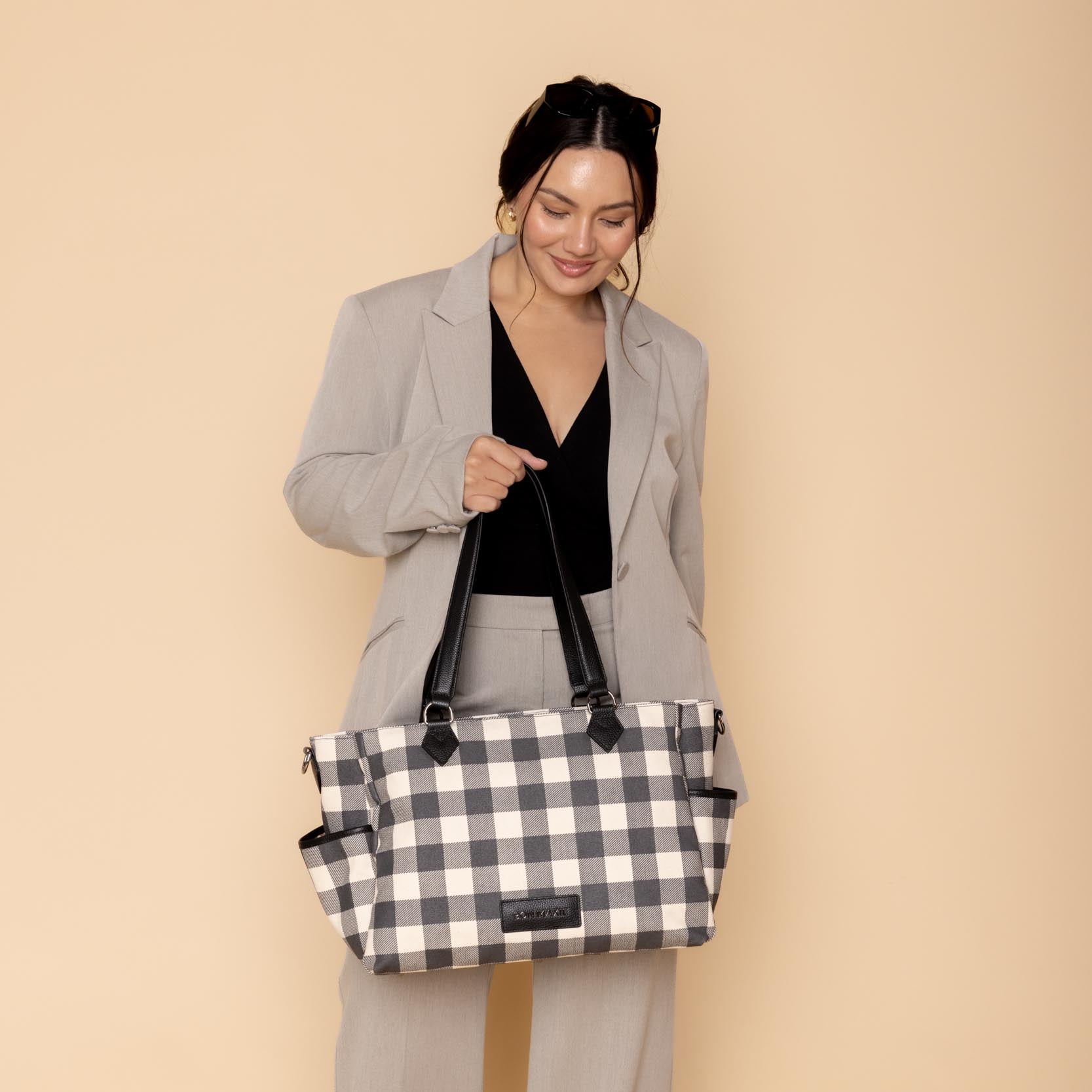 Carryall Tote + Pouch - Black Gingham Bags Gold