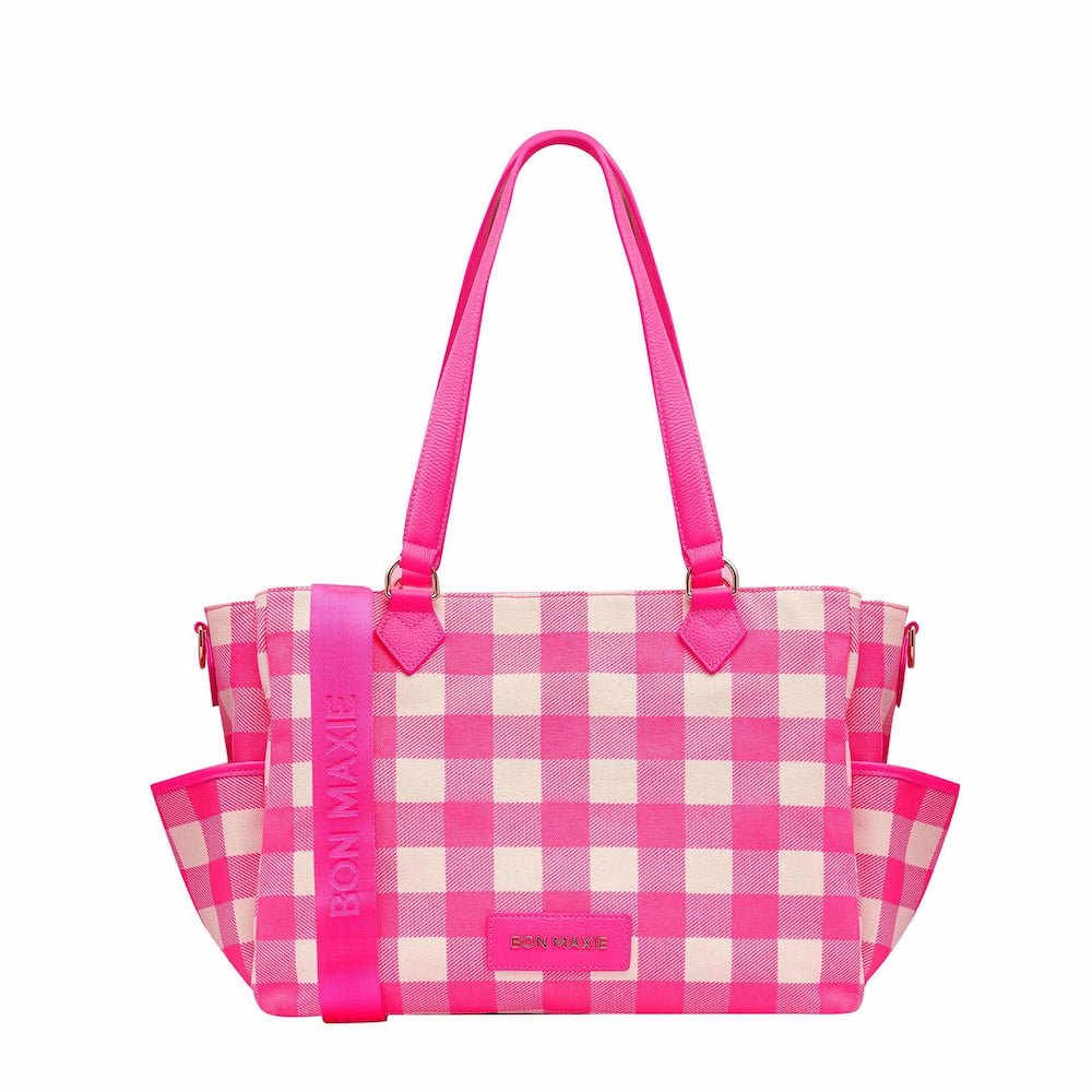 Carryall Tote + Pouch - Neon Pink Gingham Bags