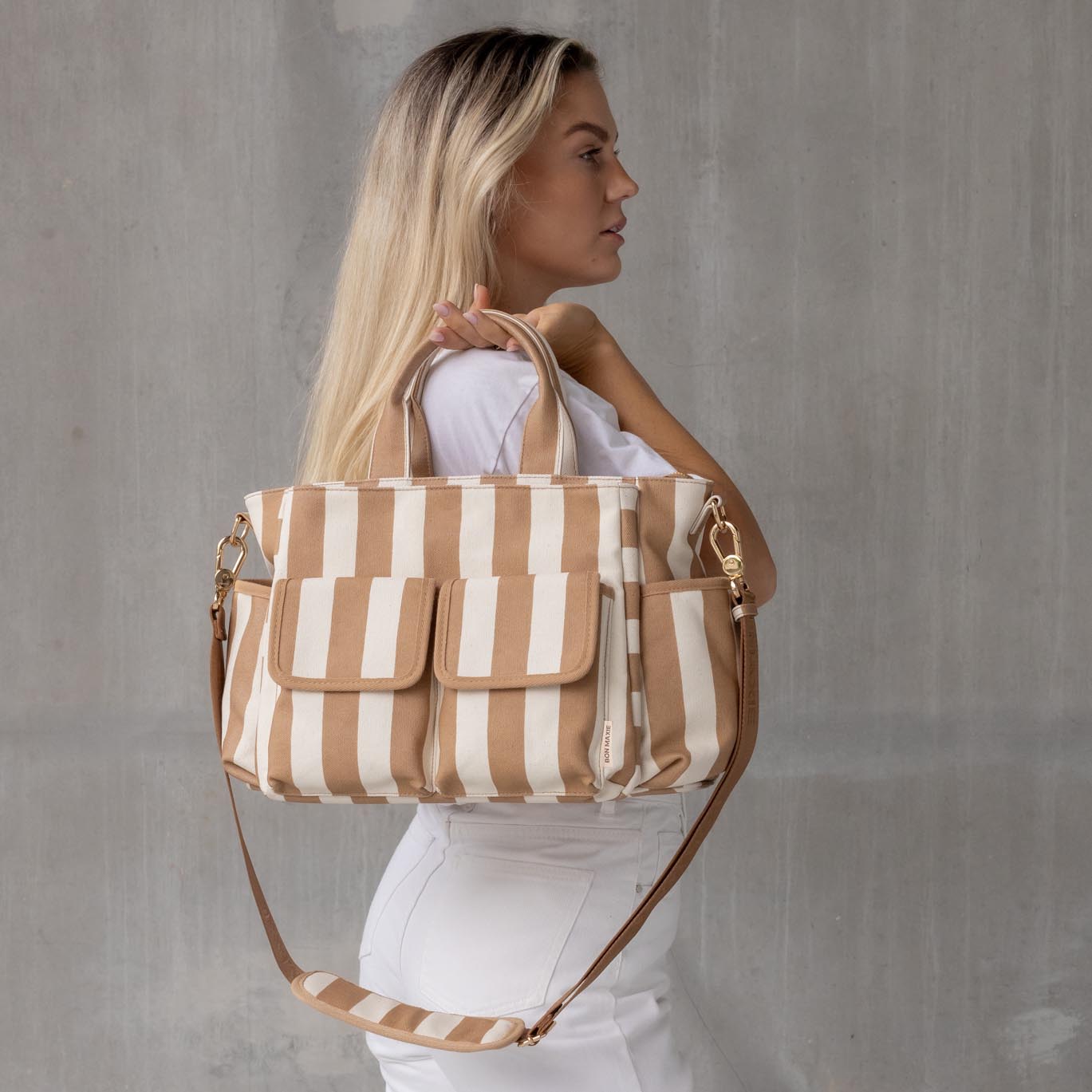 Everyday Multi-Pocket Tote Bag -- Tan Stripe