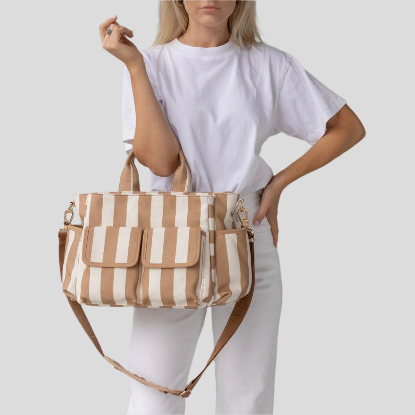 Everyday Multi-Pocket Tote Bag -- Tan Stripe