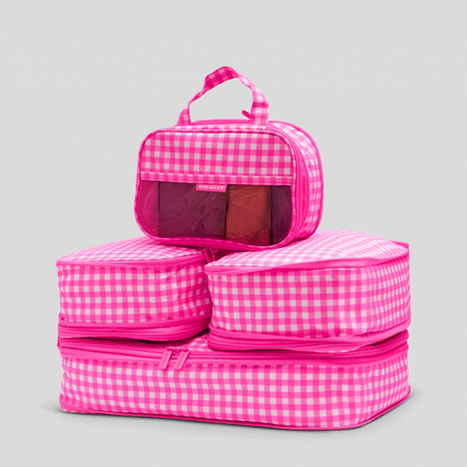 Space-Saving Packing Cube Set of 4 -- Neon Pink Gingham