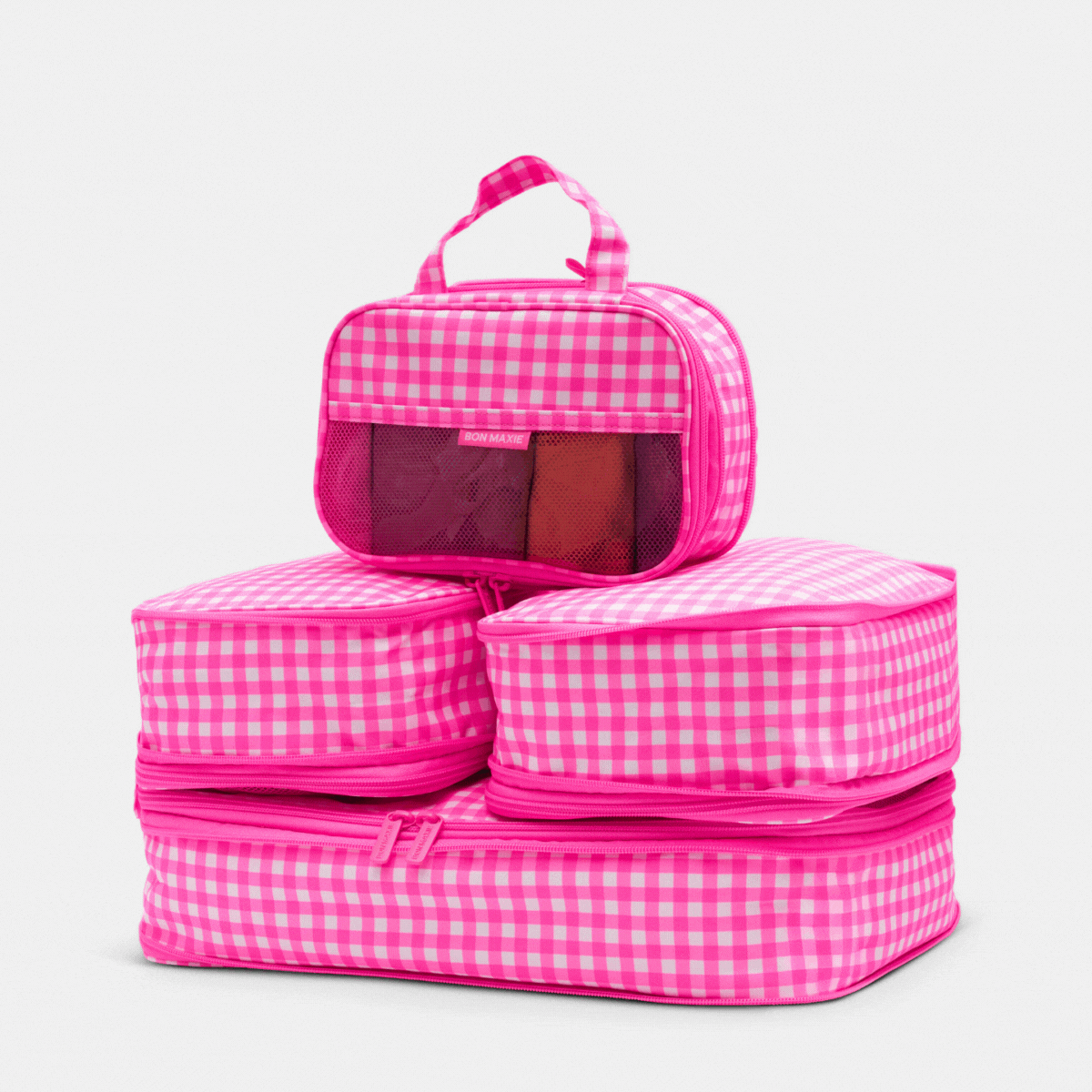 Space-Saving Compression Packing Cube Set of 4 - Neon Pink Gingham