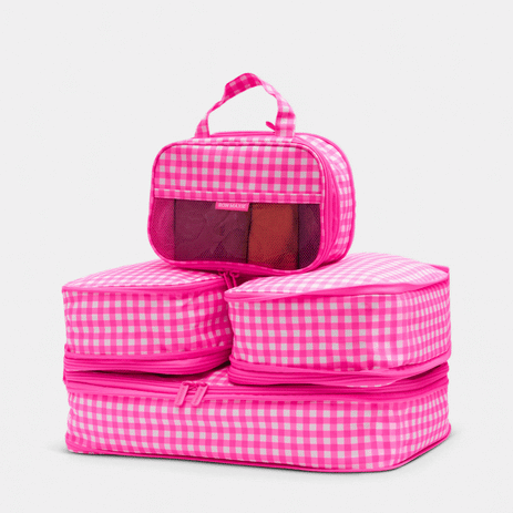 Space-Saving Compression Packing Cube Set - Neon Pink Gingham