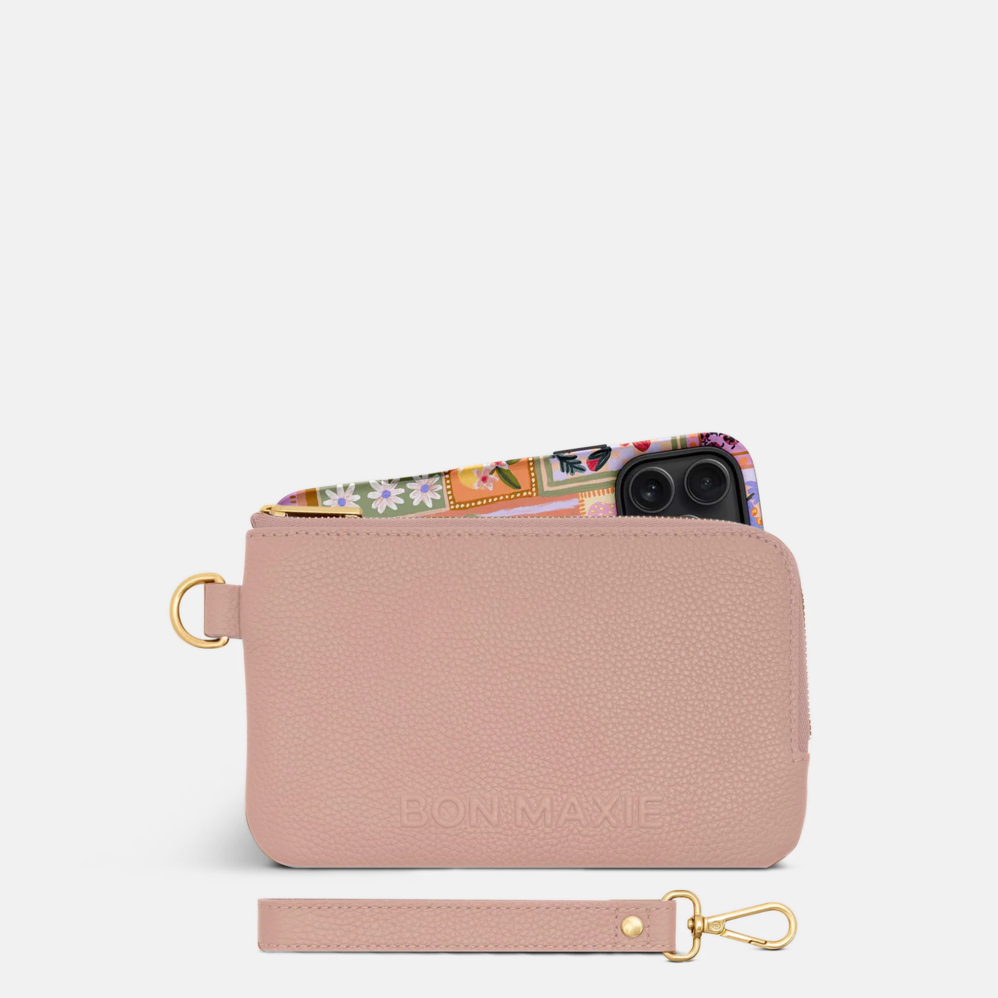 Phone Wallet Pouch in pebbled leather - Milk Tea