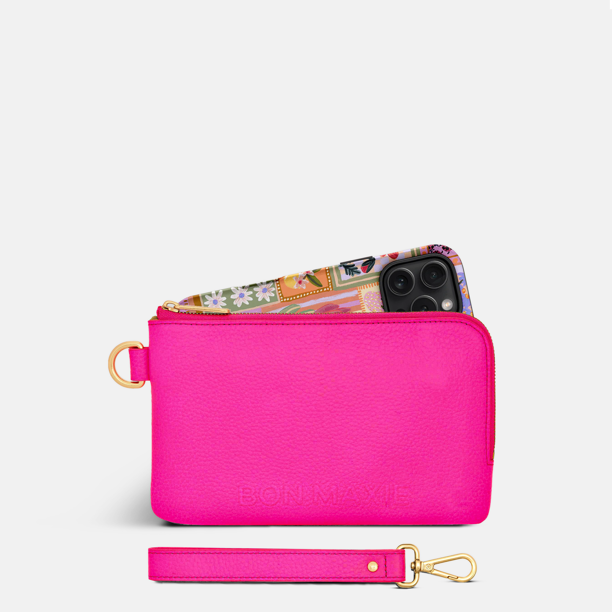 Phone Wallet Pouch in pebbled leather -- Neon Pink